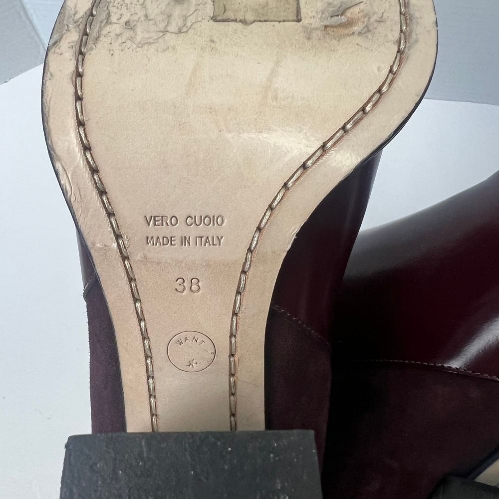 WANT Les ESSENTIELS Burgundy Suede Leather Block Heel Ankle Boots Size 38 US 7.5 - Picture 10 of 12
